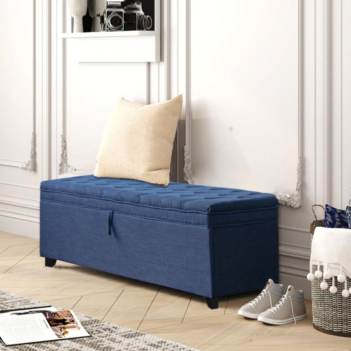 55 Inch Blue Linen Storage Ottoman Bench with Tufted Lid and Padded Seat for Entryway Living Room Bedroom