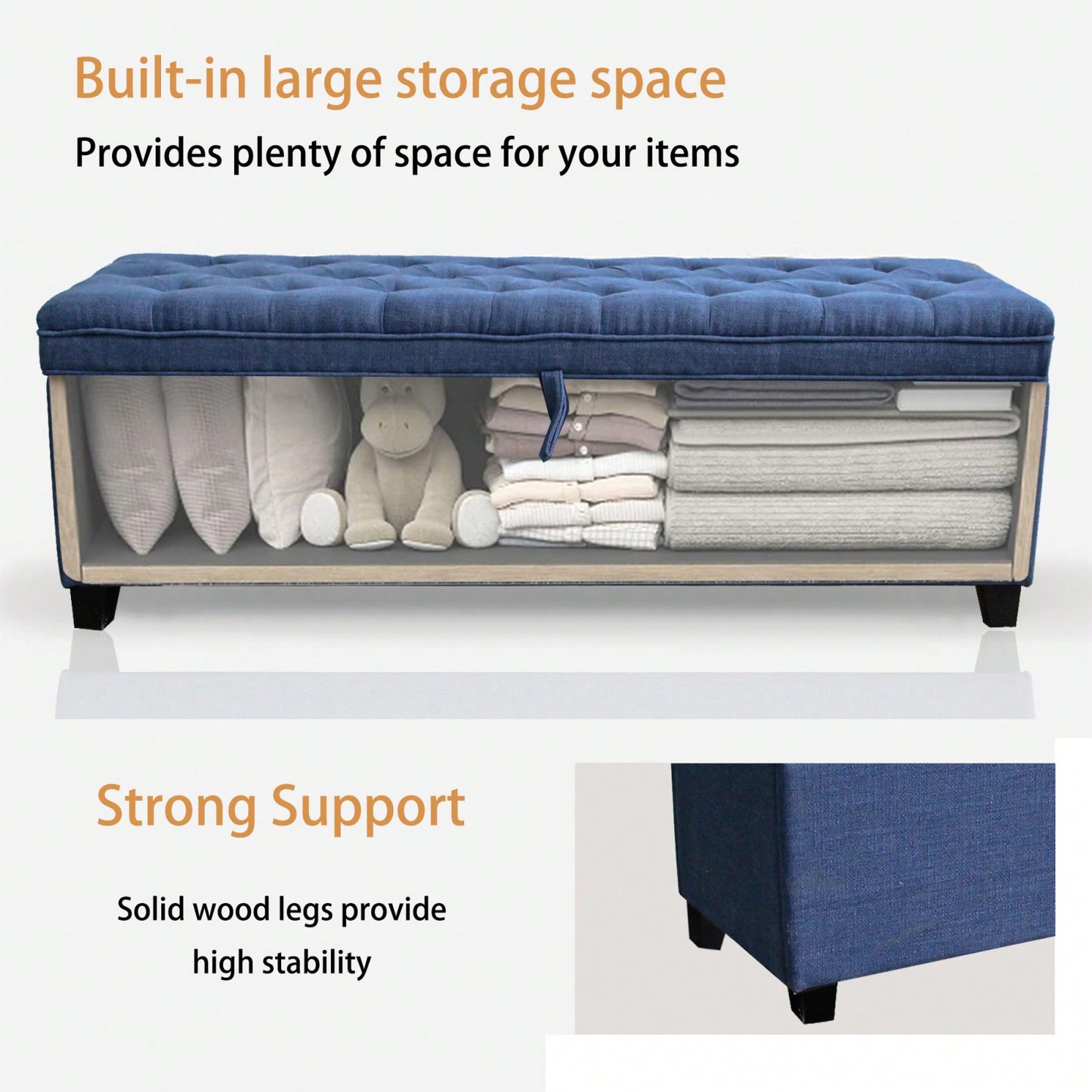 55 Inch Blue Linen Storage Ottoman Bench with Tufted Lid and Padded Seat for Entryway Living Room Bedroom
