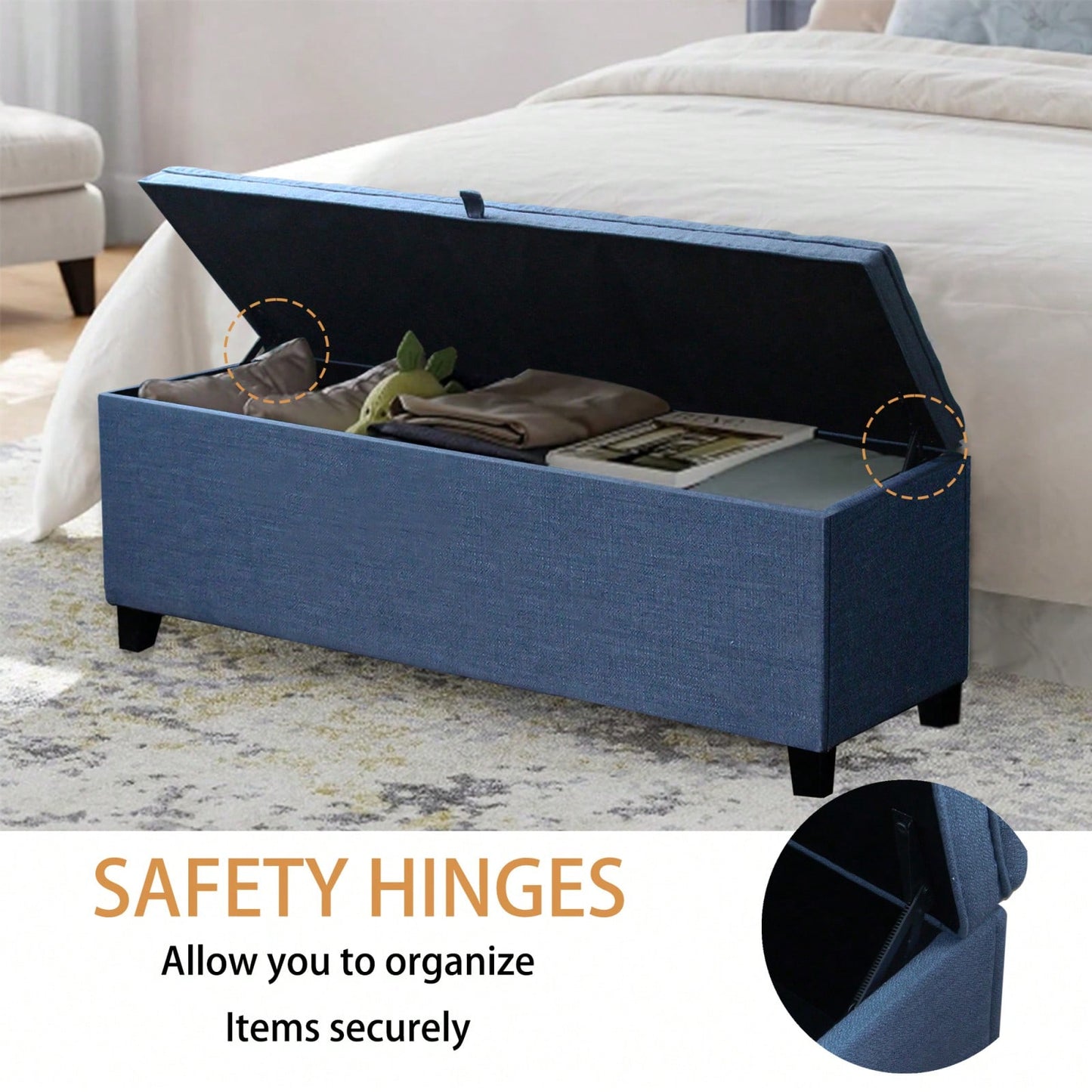 55 Inch Blue Linen Storage Ottoman Bench with Tufted Lid and Padded Seat for Entryway Living Room Bedroom