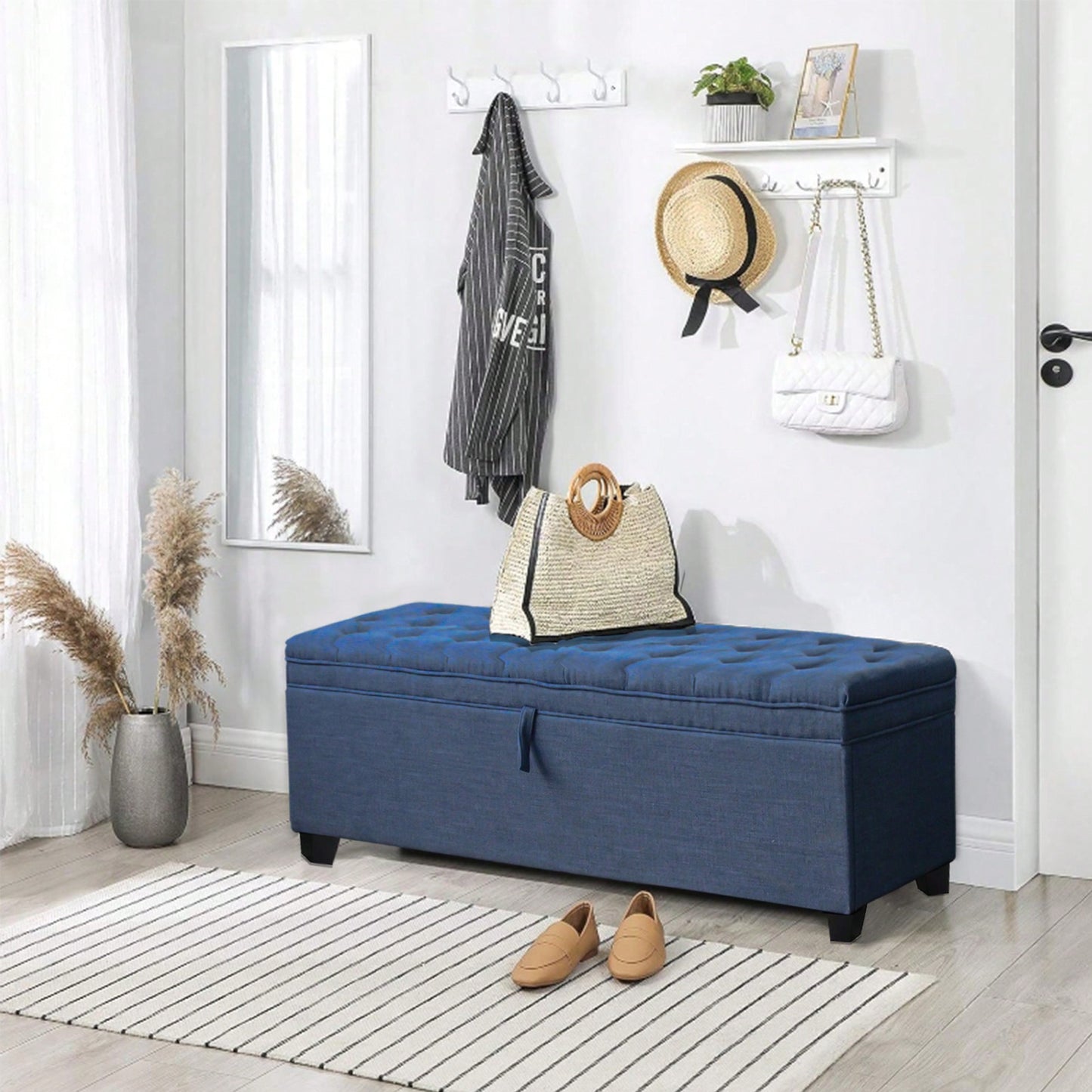 55 Inch Blue Linen Storage Ottoman Bench with Tufted Lid and Padded Seat for Entryway Living Room Bedroom