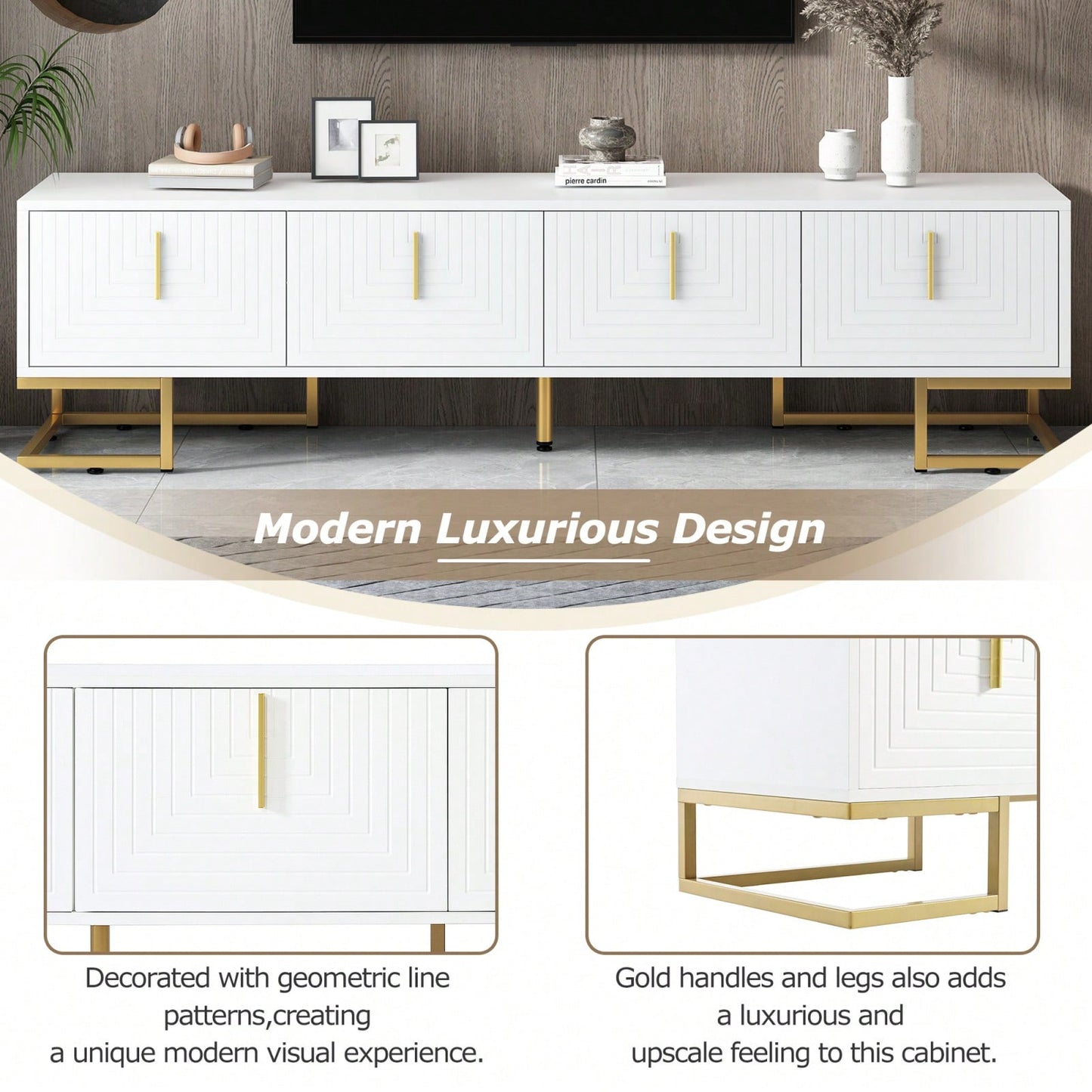 Modern TV Stand, 70 Inch TV Console With Adjustable Shelves, Cable Management, Geometric Design, Gold Accents, For Living Room