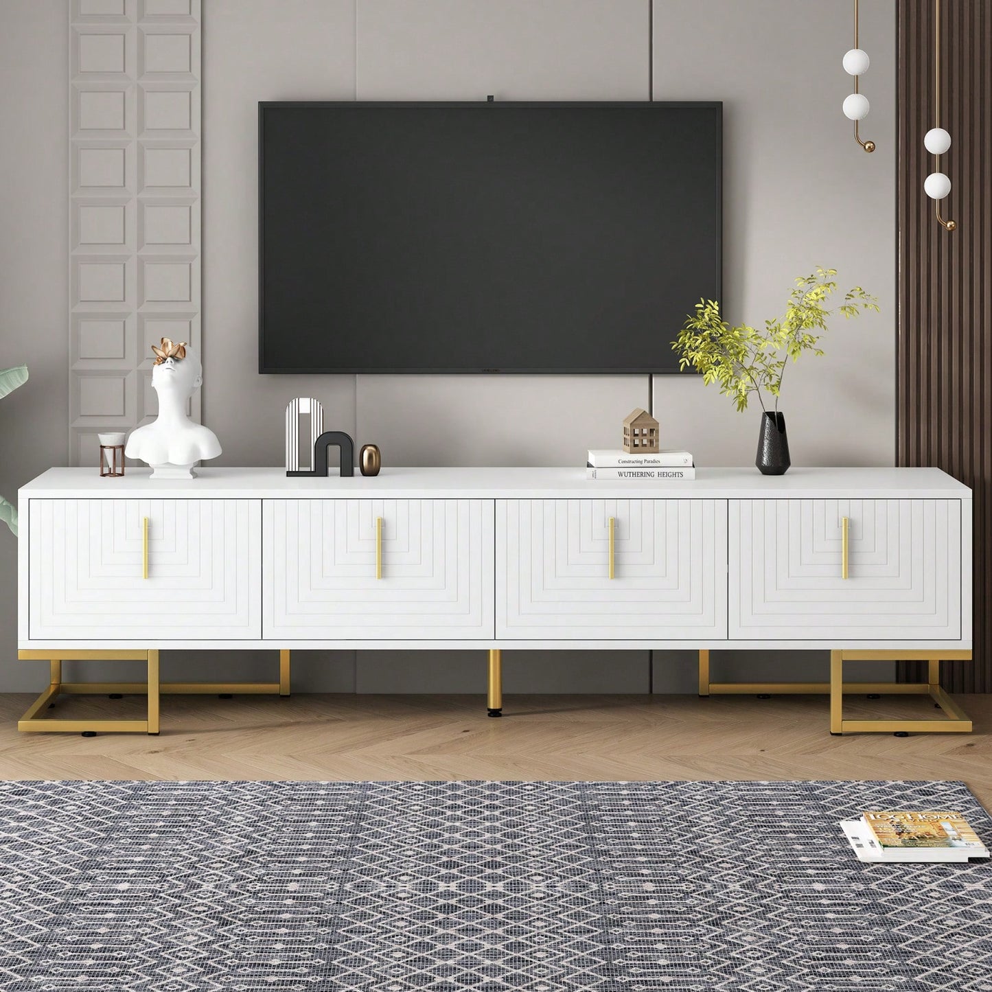 Modern TV Stand, 70 Inch TV Console With Adjustable Shelves, Cable Management, Geometric Design, Gold Accents, For Living Room