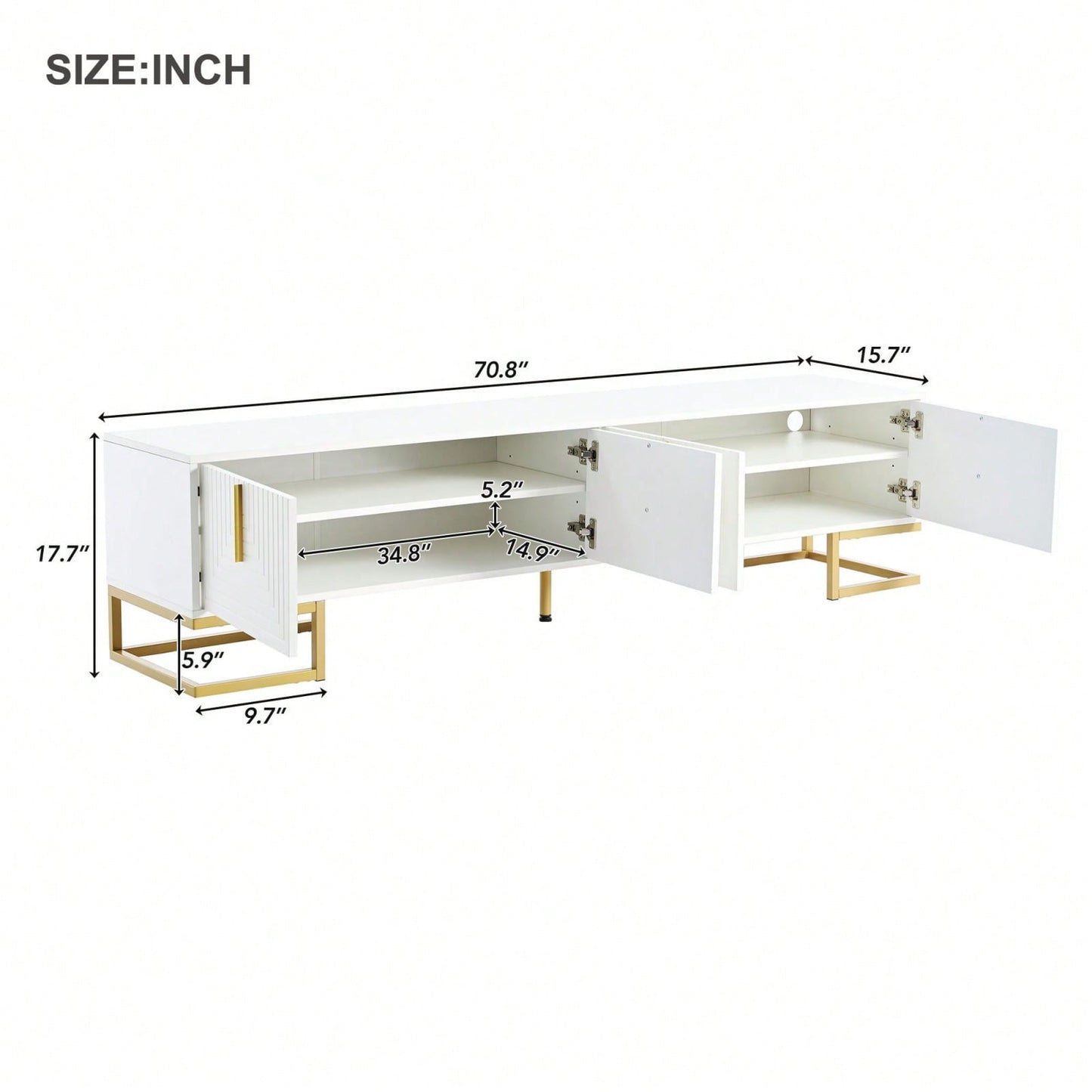 Modern TV Stand, 70 Inch TV Console With Adjustable Shelves, Cable Management, Geometric Design, Gold Accents, For Living Room