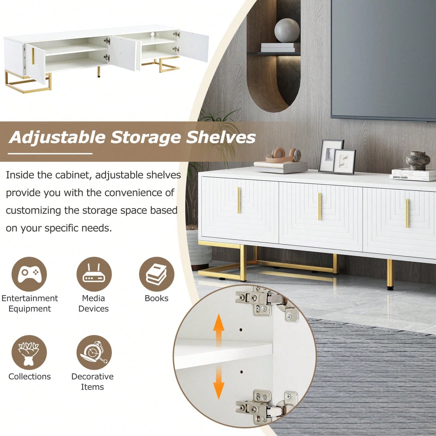 Modern TV Stand, 70 Inch TV Console With Adjustable Shelves, Cable Management, Geometric Design, Gold Accents, For Living Room