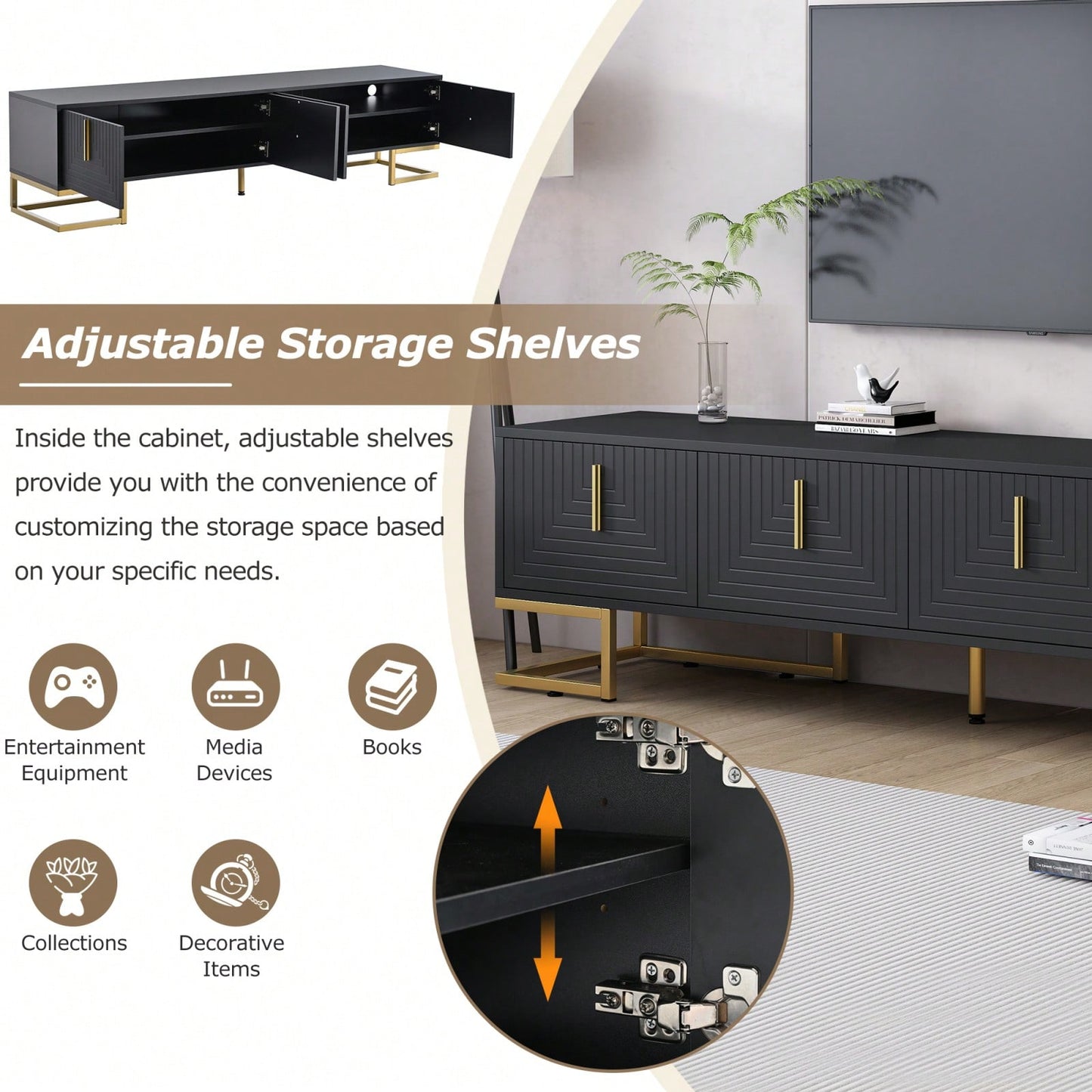 Modern TV Stand, 70 Inch TV Console With Adjustable Shelves, Cable Management, Geometric Design, Gold Accents, For Living Room