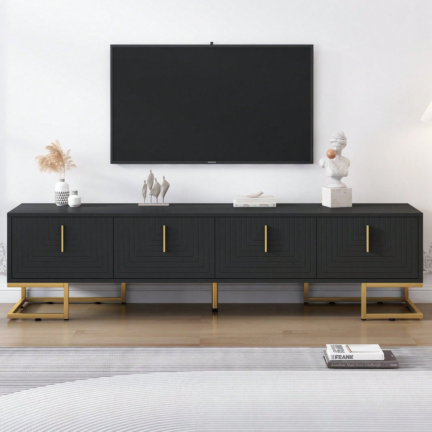 Modern TV Stand, 70 Inch TV Console With Adjustable Shelves, Cable Management, Geometric Design, Gold Accents, For Living Room