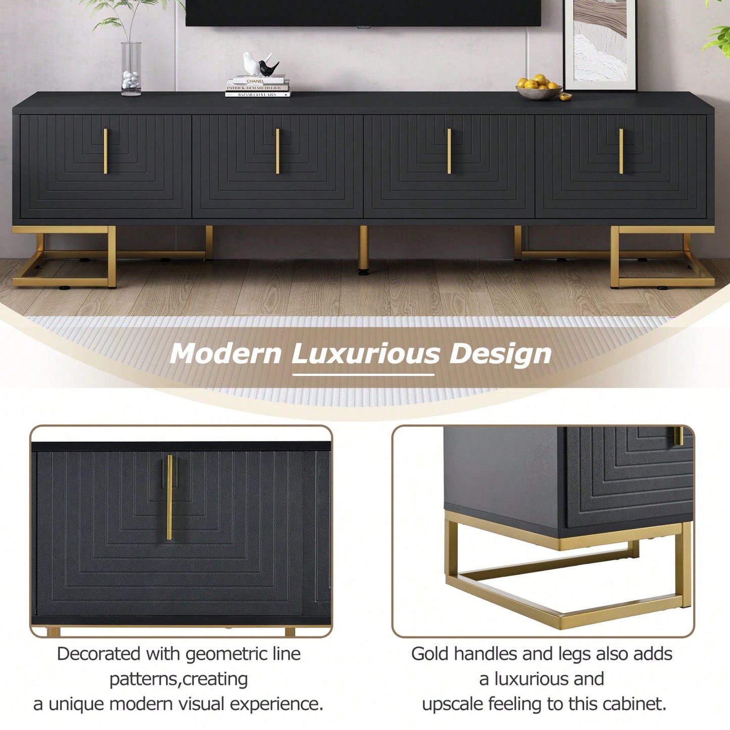 Modern TV Stand, 70 Inch TV Console With Adjustable Shelves, Cable Management, Geometric Design, Gold Accents, For Living Room