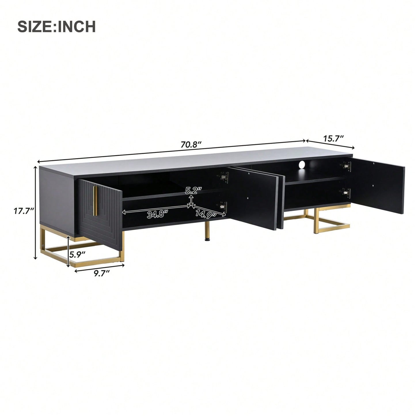Modern TV Stand, 70 Inch TV Console With Adjustable Shelves, Cable Management, Geometric Design, Gold Accents, For Living Room
