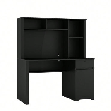 Spacious Black Wood Home Office Desk with Hutch Bookshelf Charging Station and USB Ports for Students and Teens