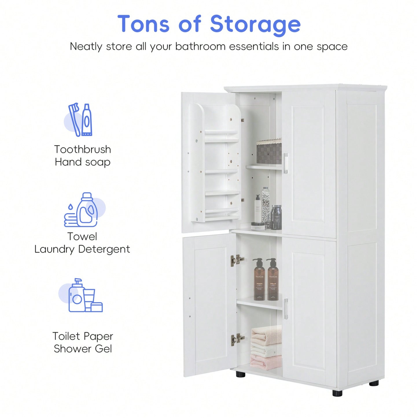 Tall Bathroom Floor Cabinet With Adjustable Shelves And 4 Doors, Freestanding Storage Organizer Unit For Bathroom Essentials, White