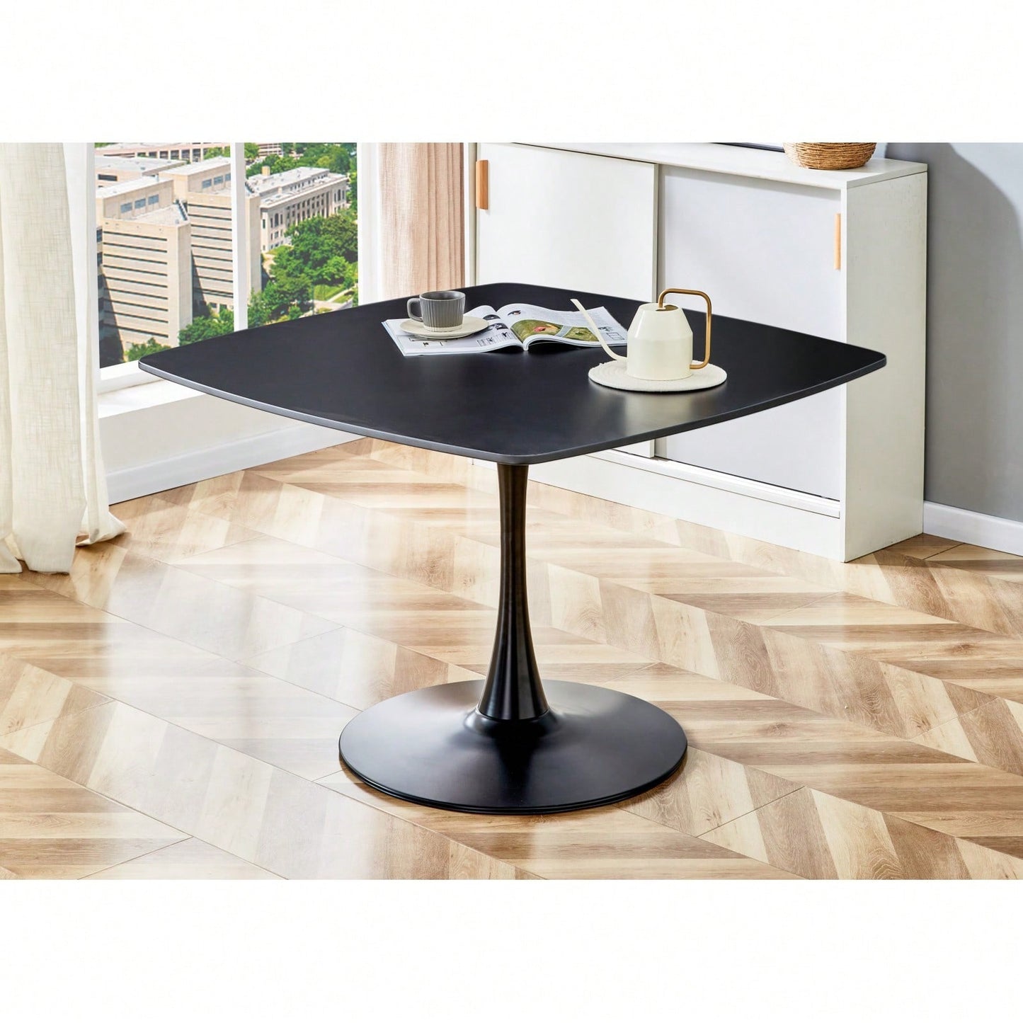 42.1" Round Mid-Century Modern Dining Table, Pedestal Table For 4-6 People, MDF Top, Sturdy Metal Legs, Easy Assembly