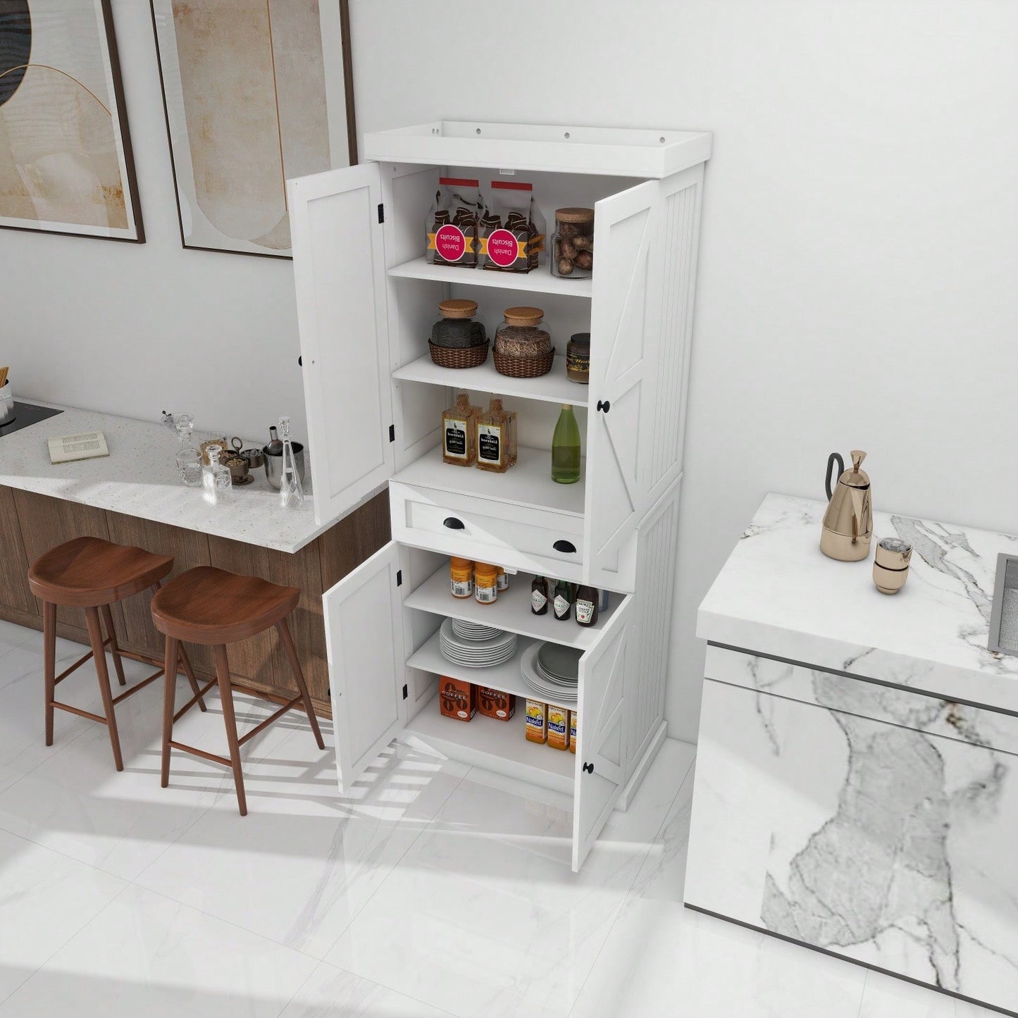 71 Inch Freestanding Kitchen Pantry Cabinet with 4 Doors Drawer Adjustable Shelves for Dining Room and Kitchen Storage White
