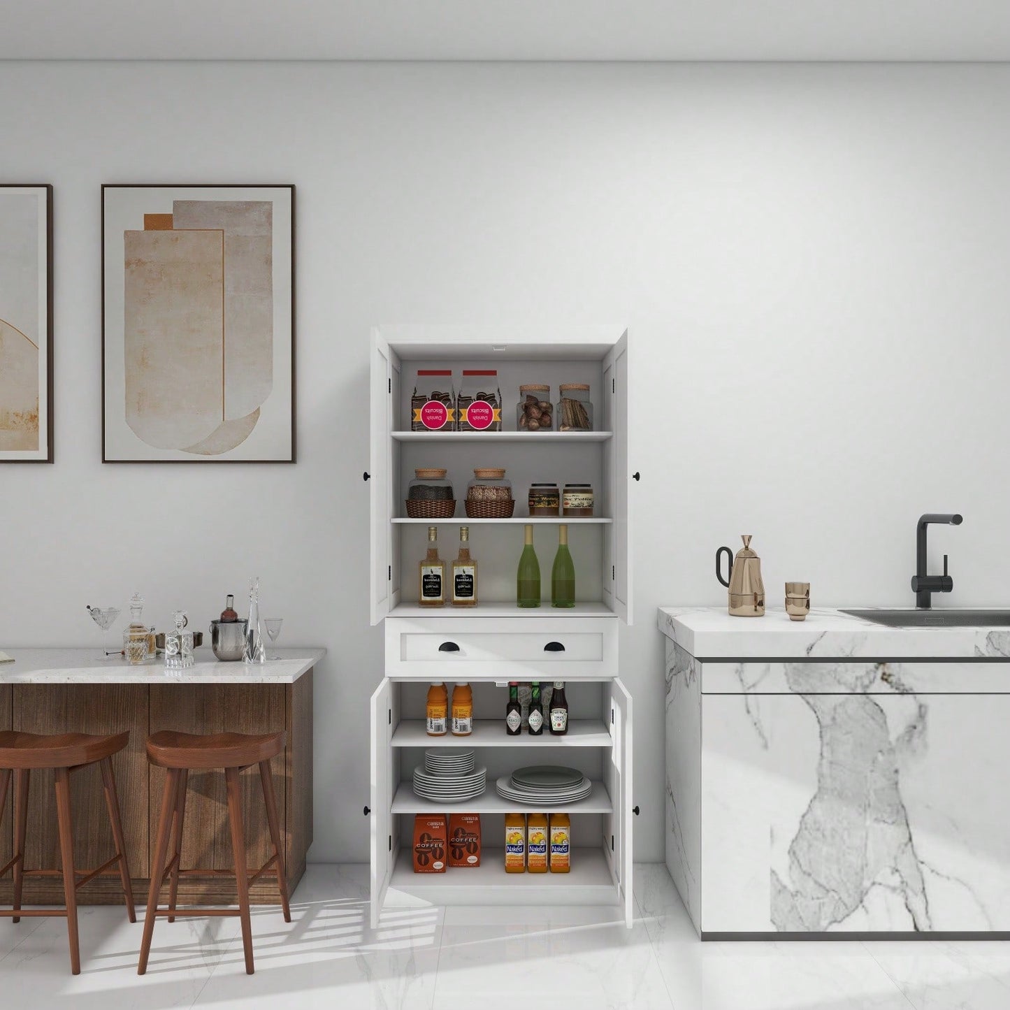 71 Inch Freestanding Kitchen Pantry Cabinet with 4 Doors Drawer Adjustable Shelves for Dining Room and Kitchen Storage White
