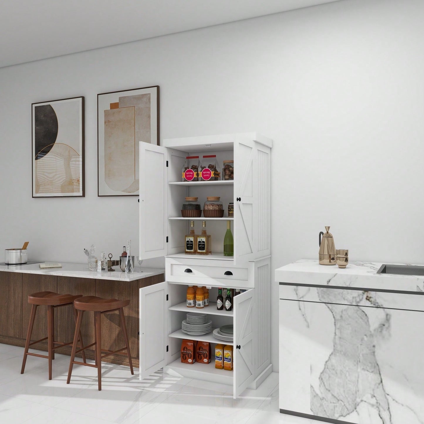 71 Inch Freestanding Kitchen Pantry Cabinet with 4 Doors Drawer Adjustable Shelves for Dining Room and Kitchen Storage White
