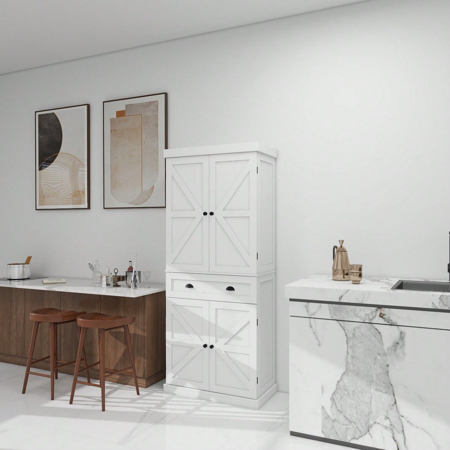 71 Inch Freestanding Kitchen Pantry Cabinet with 4 Doors Drawer Adjustable Shelves for Dining Room and Kitchen Storage White