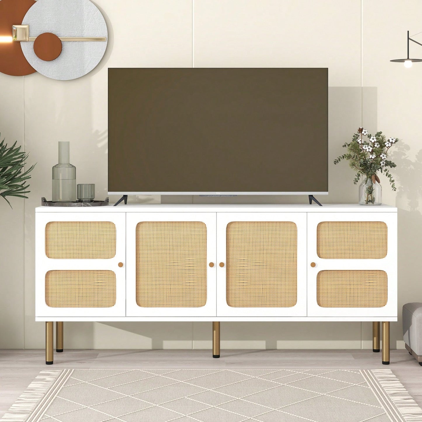 Boho 70 Inch TV Stand with Rattan Doors Mid Century Modern Console Table Gold Base Adjustable Shelves for Living Room Bedroom