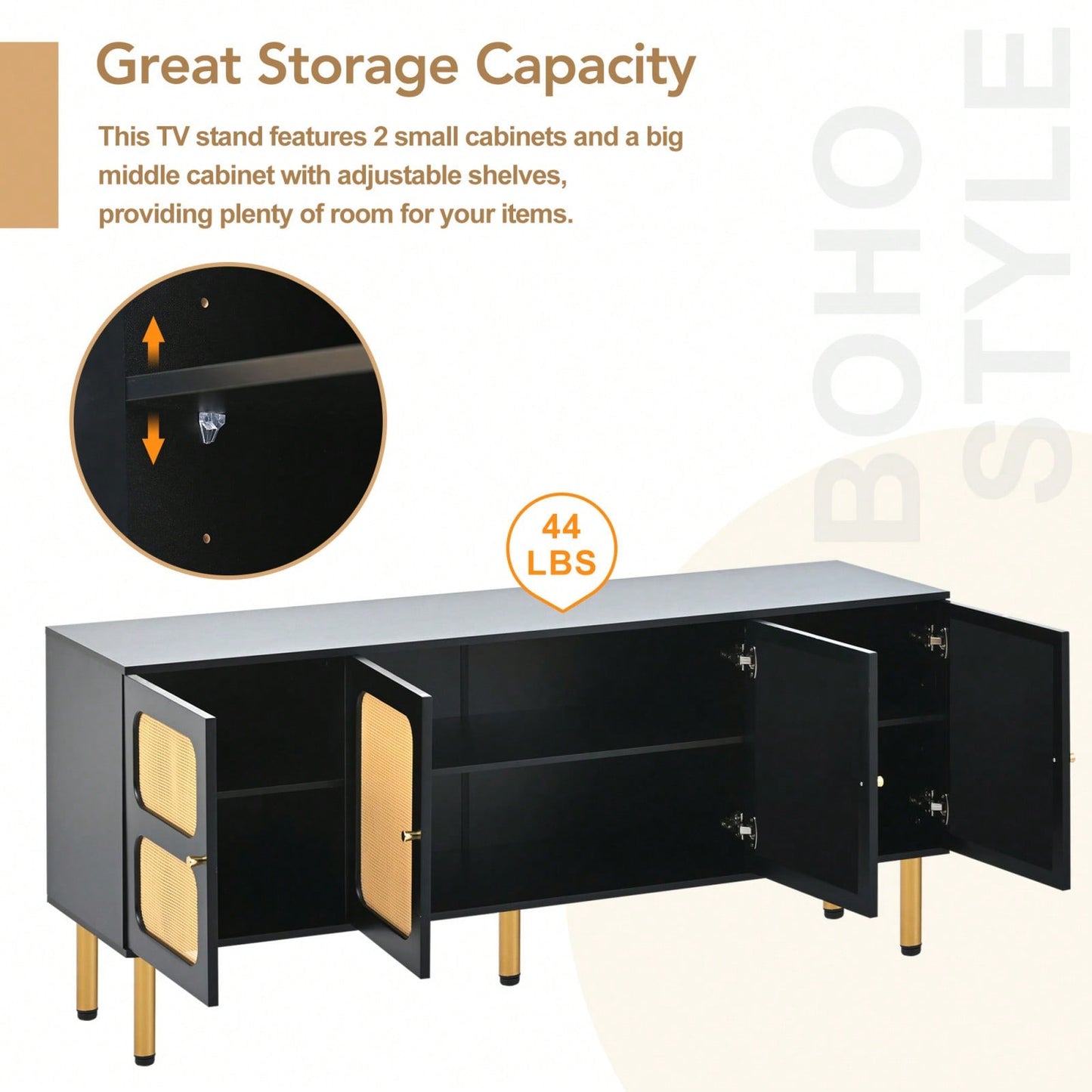 Boho 70 Inch TV Stand with Rattan Doors Mid Century Modern Console Table Gold Base Adjustable Shelves for Living Room Bedroom