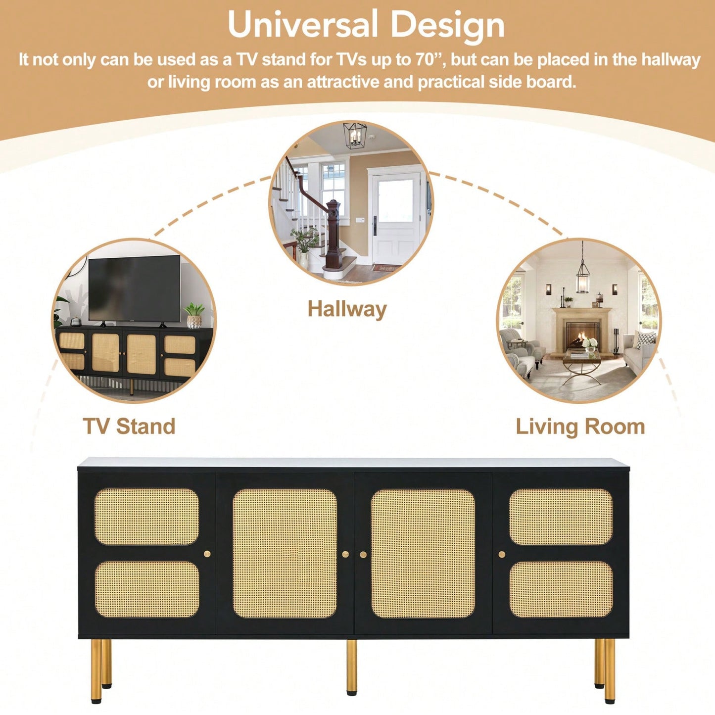 Boho 70 Inch TV Stand with Rattan Doors Mid Century Modern Console Table Gold Base Adjustable Shelves for Living Room Bedroom