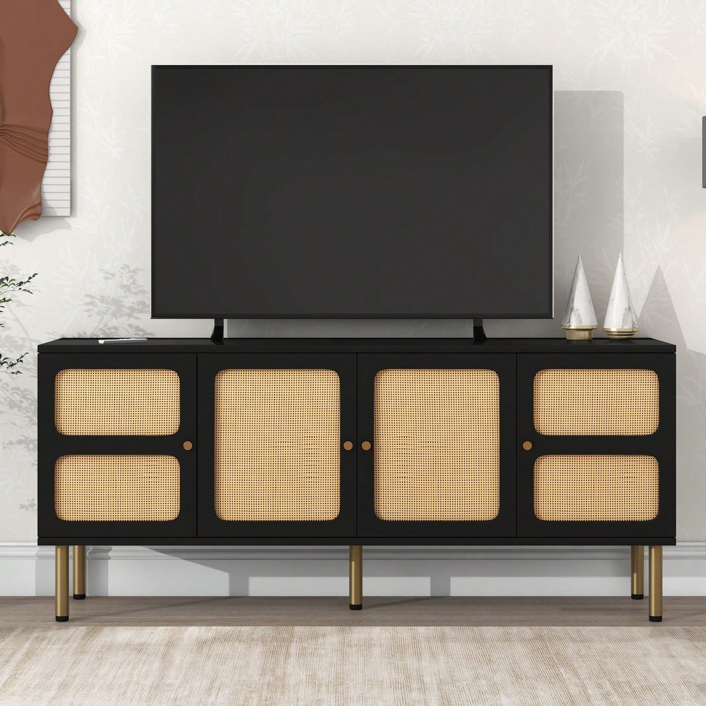 Boho 70 Inch TV Stand with Rattan Doors Mid Century Modern Console Table Gold Base Adjustable Shelves for Living Room Bedroom