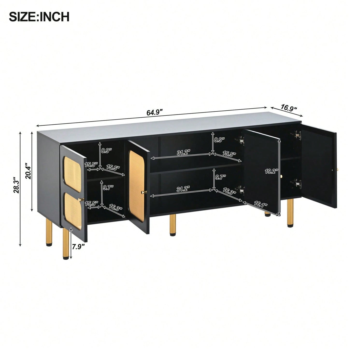 Boho 70 Inch TV Stand with Rattan Doors Mid Century Modern Console Table Gold Base Adjustable Shelves for Living Room Bedroom