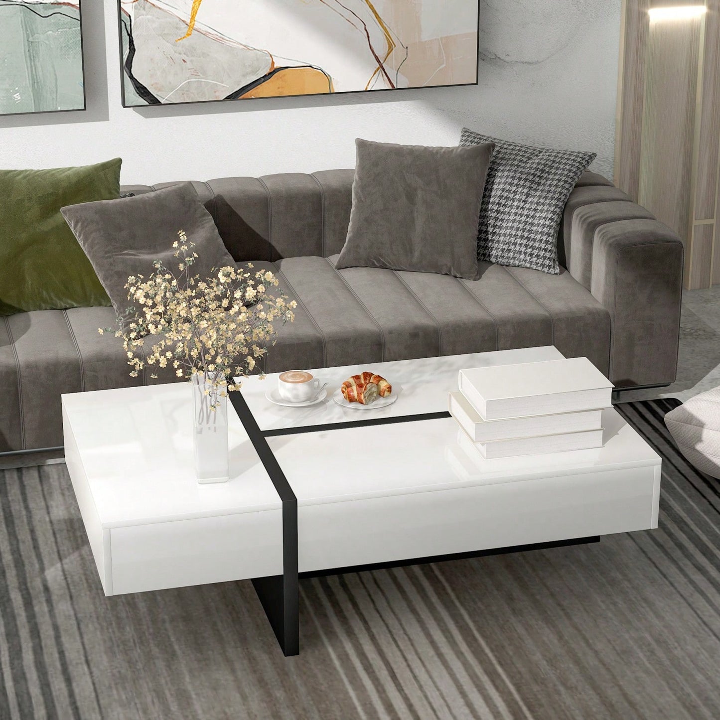 Modern Coffee Table With Drawer, Contemporary Rectangle Cocktail Table With High Gloss Finish For Living Room, 45 Inch