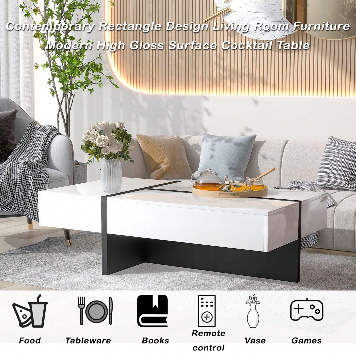 Modern Coffee Table With Drawer, Contemporary Rectangle Cocktail Table With High Gloss Finish For Living Room, 45 Inch