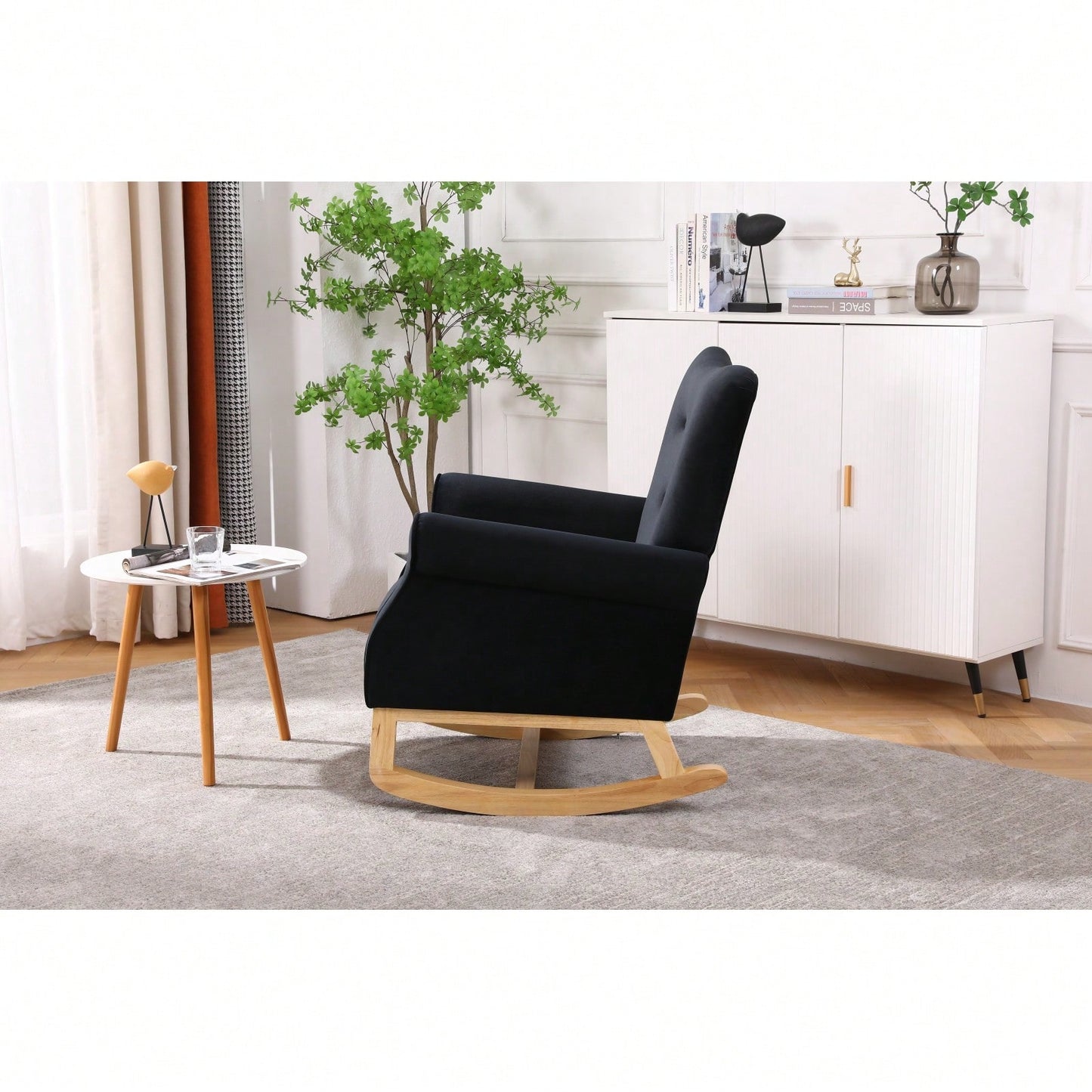 Mid Century Fabric Rocker Chair With Wood Legs And Velvet For Livingroom Bedroom
