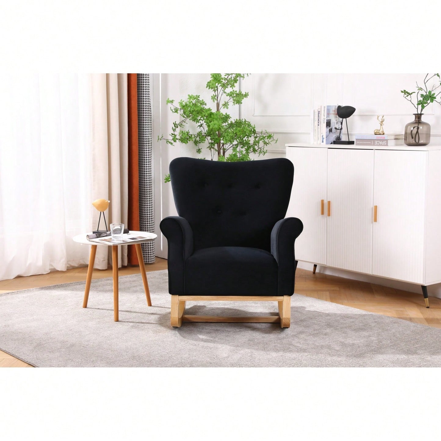 Mid Century Fabric Rocker Chair With Wood Legs And Velvet For Livingroom Bedroom