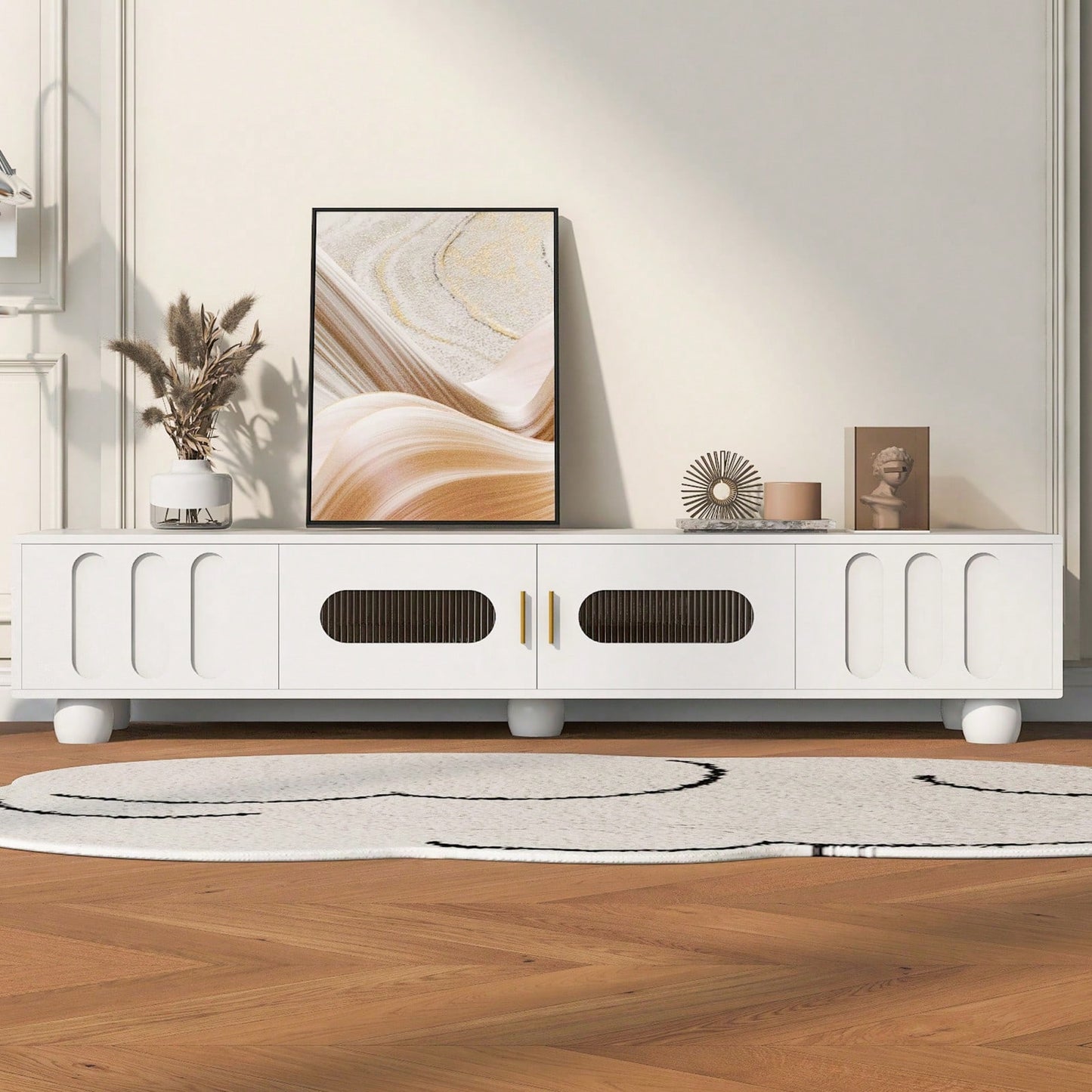 Contemporary 80 Inch TV Stand with Glass Doors and Drawers for Living Room Storage and Cable Management