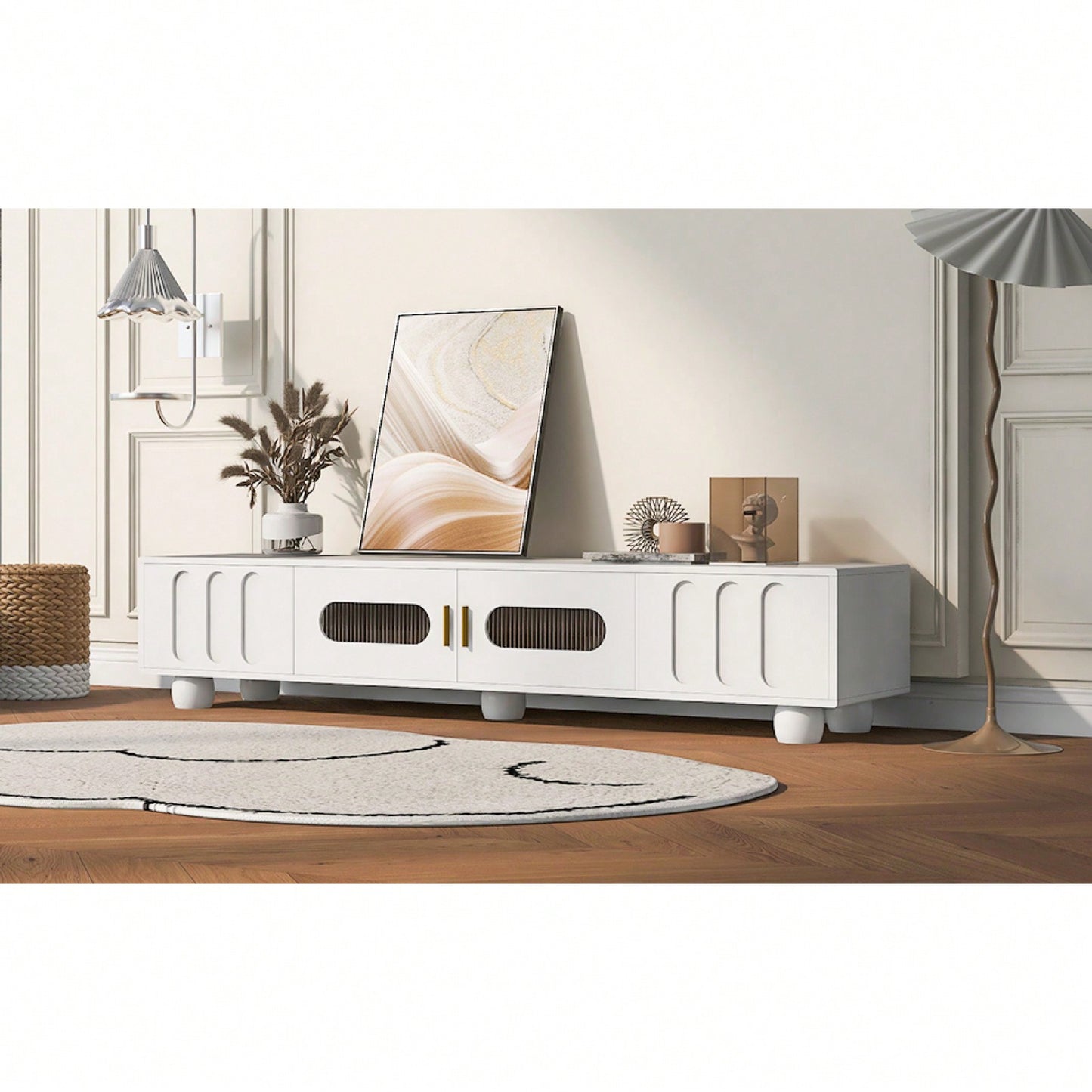 Contemporary 80 Inch TV Stand with Glass Doors and Drawers for Living Room Storage and Cable Management