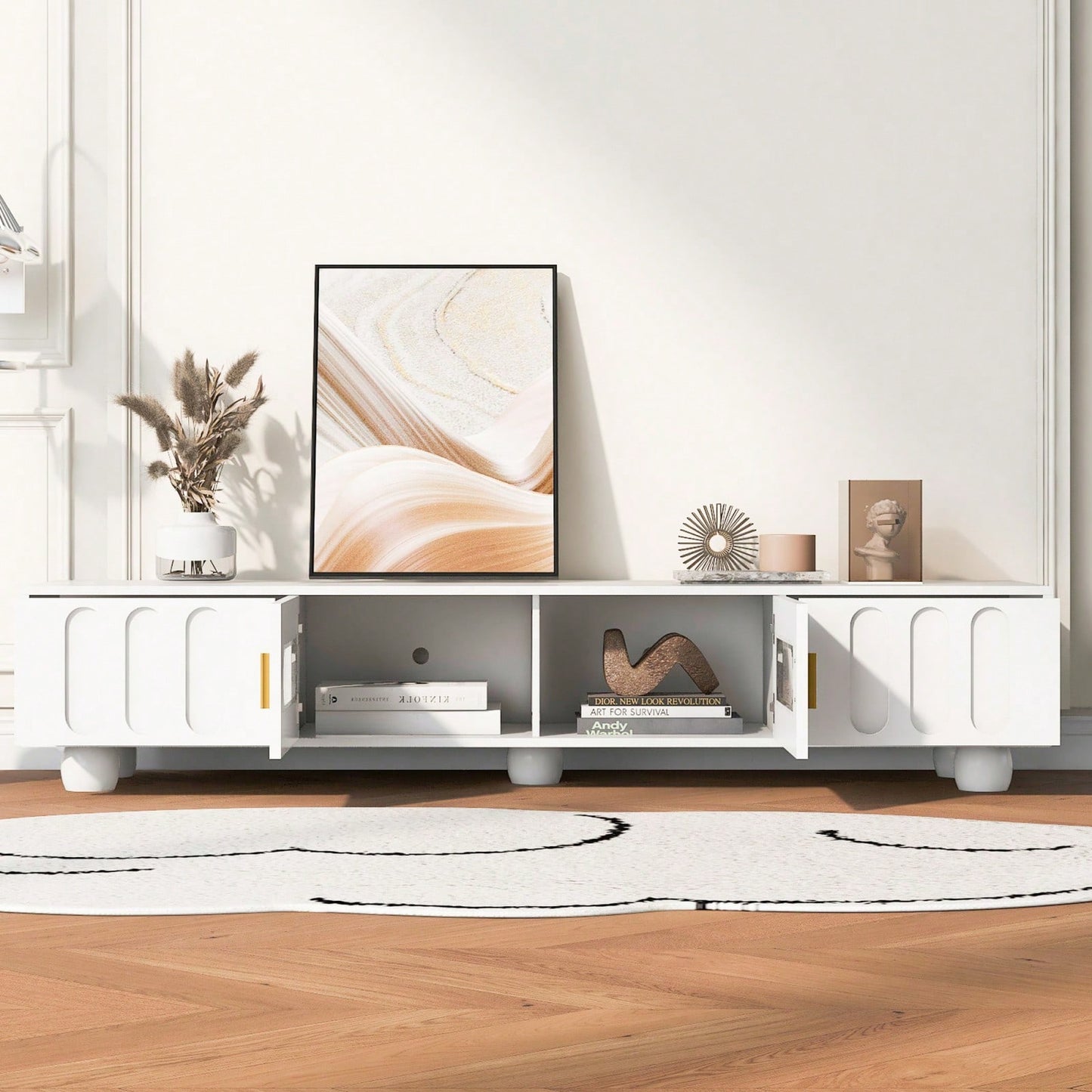Contemporary 80 Inch TV Stand with Glass Doors and Drawers for Living Room Storage and Cable Management