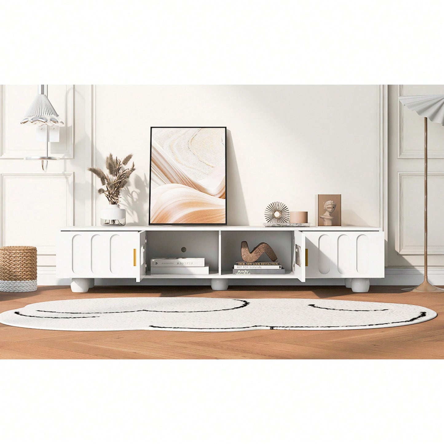 Contemporary 80 Inch TV Stand with Glass Doors and Drawers for Living Room Storage and Cable Management