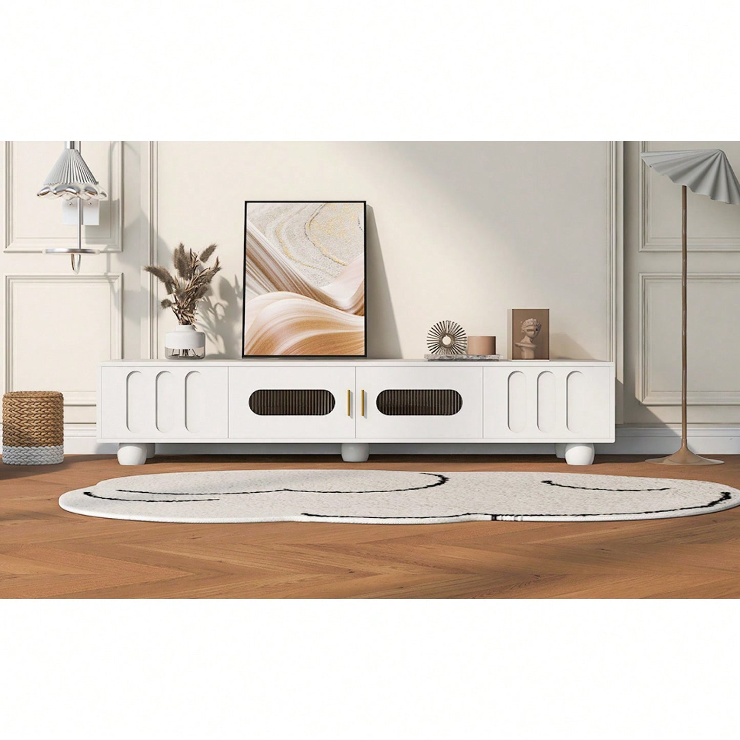 Contemporary 80 Inch TV Stand with Glass Doors and Drawers for Living Room Storage and Cable Management