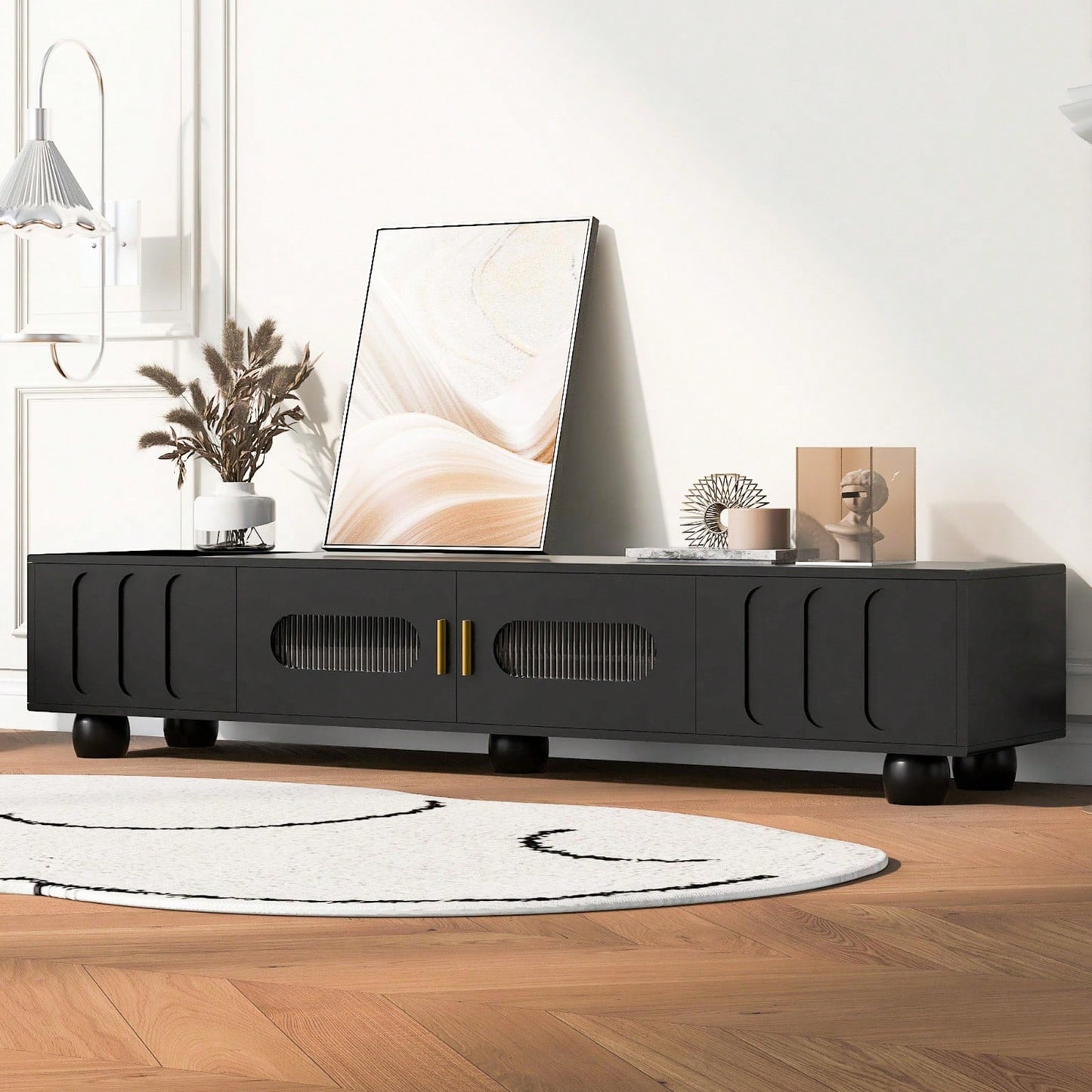 Contemporary 80 Inch TV Stand with Glass Doors and Drawers for Living Room Storage and Cable Management