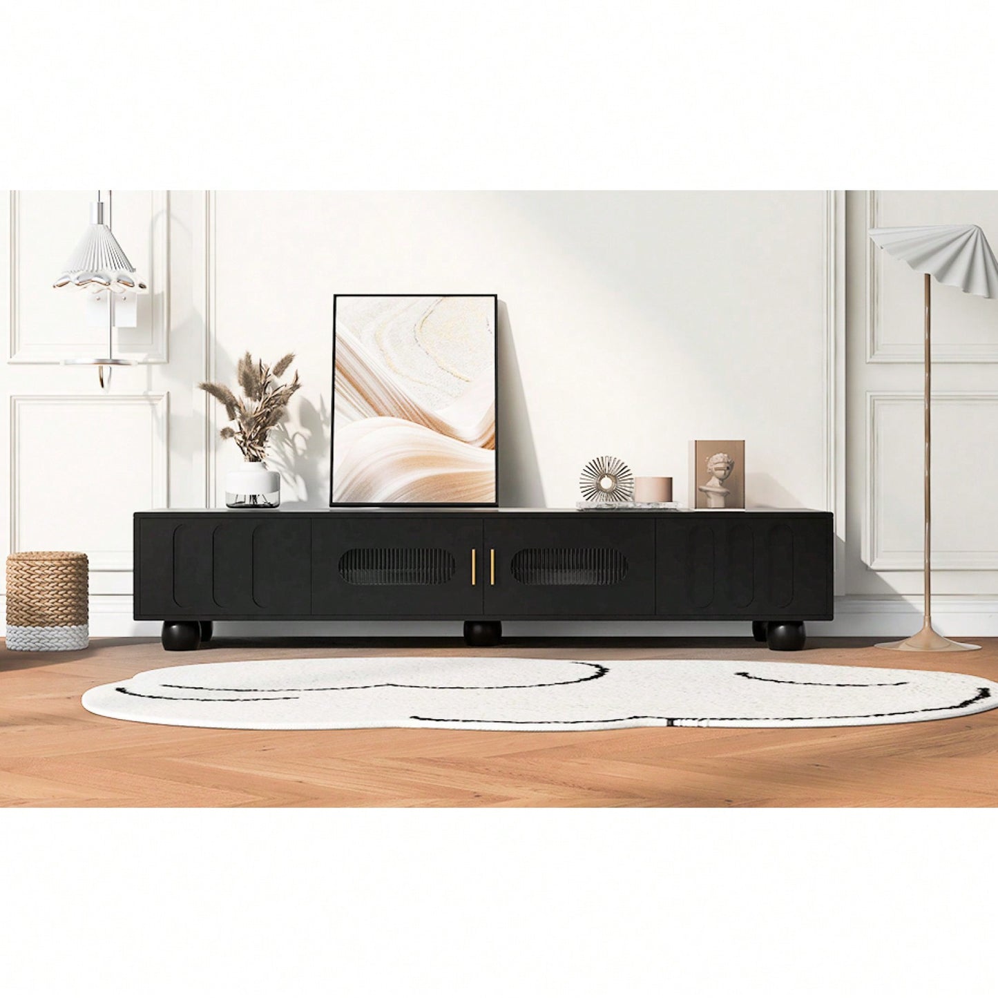 Contemporary 80 Inch TV Stand with Glass Doors and Drawers for Living Room Storage and Cable Management