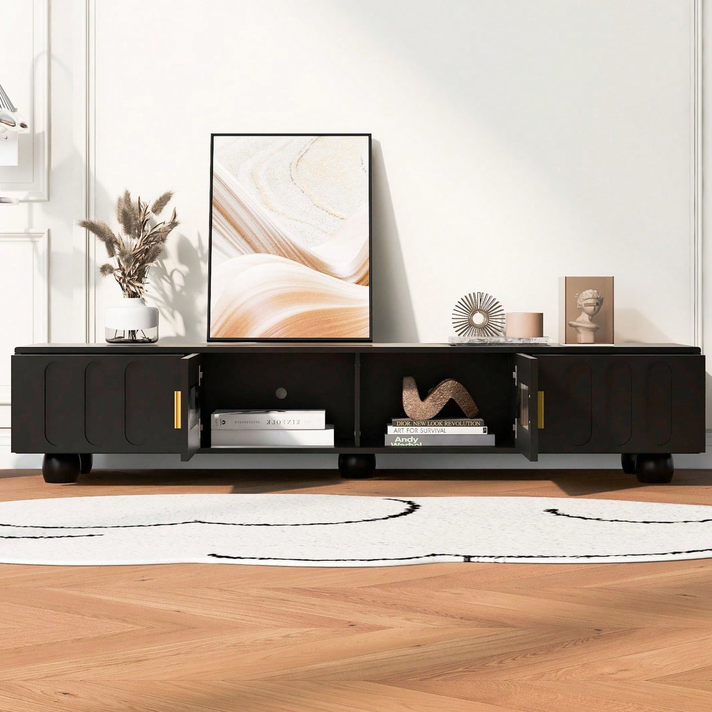 Contemporary 80 Inch TV Stand with Glass Doors and Drawers for Living Room Storage and Cable Management