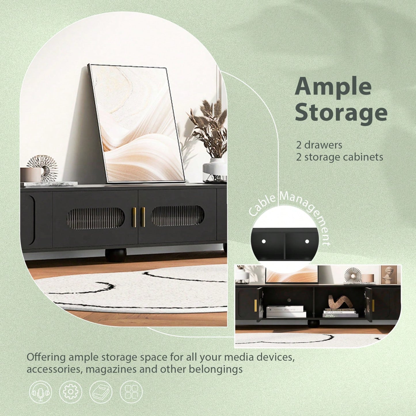 Contemporary 80 Inch TV Stand with Glass Doors and Drawers for Living Room Storage and Cable Management