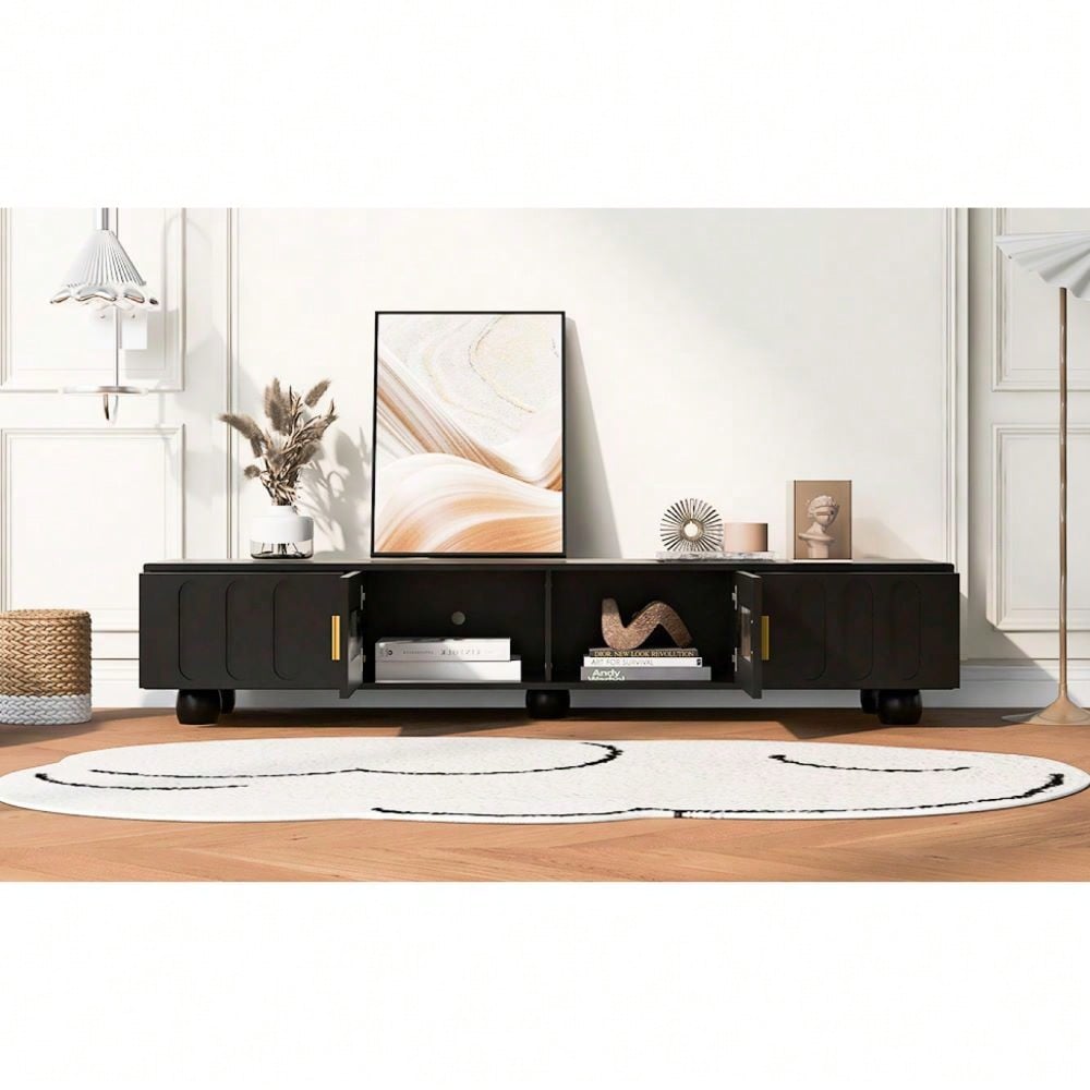 Contemporary 80 Inch TV Stand with Glass Doors and Drawers for Living Room Storage and Cable Management