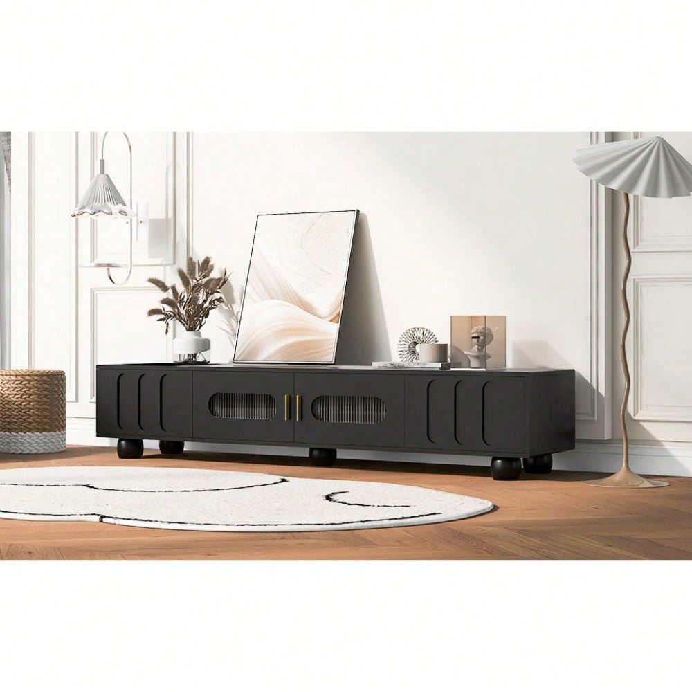 Contemporary 80 Inch TV Stand with Glass Doors and Drawers for Living Room Storage and Cable Management