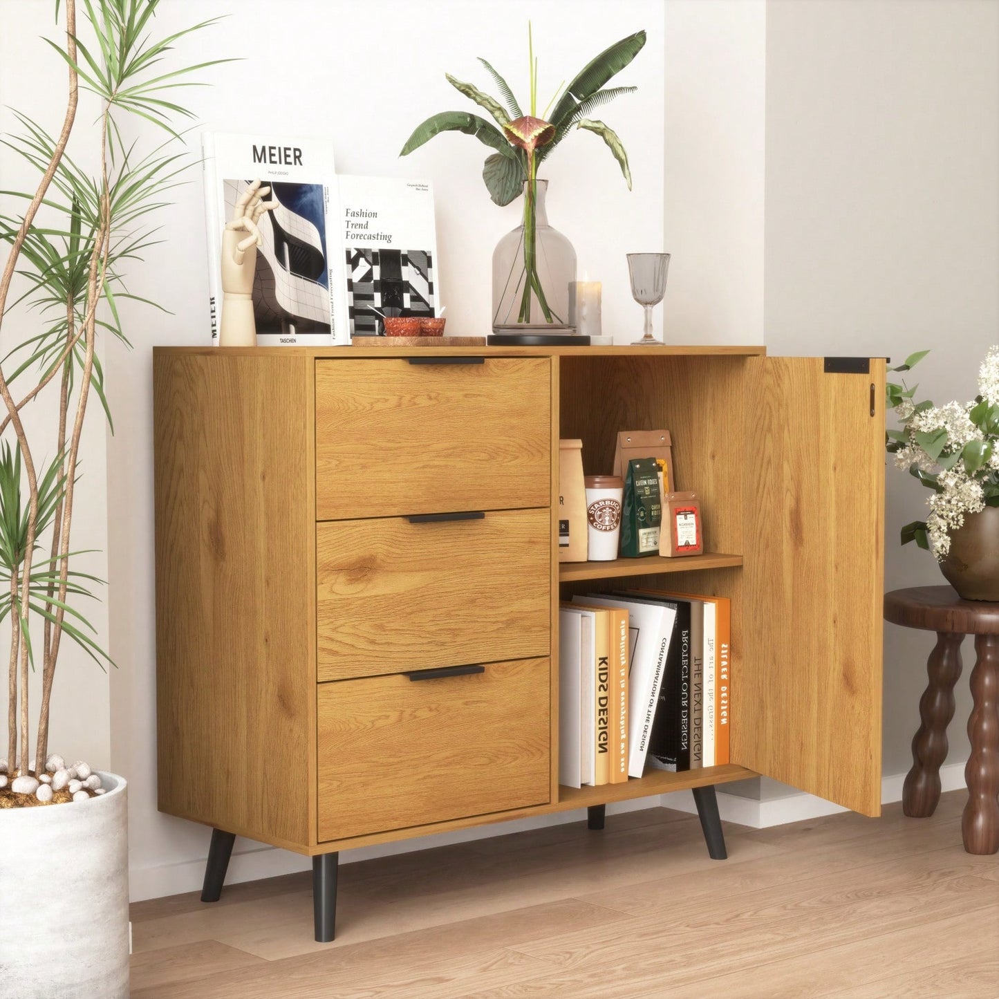 Storage Cabinet With 3 Drawers & Adjustable Shelf, Mid Century Cabinet With Door, Accent Cabinet For Living Room, Home Office, Entryway