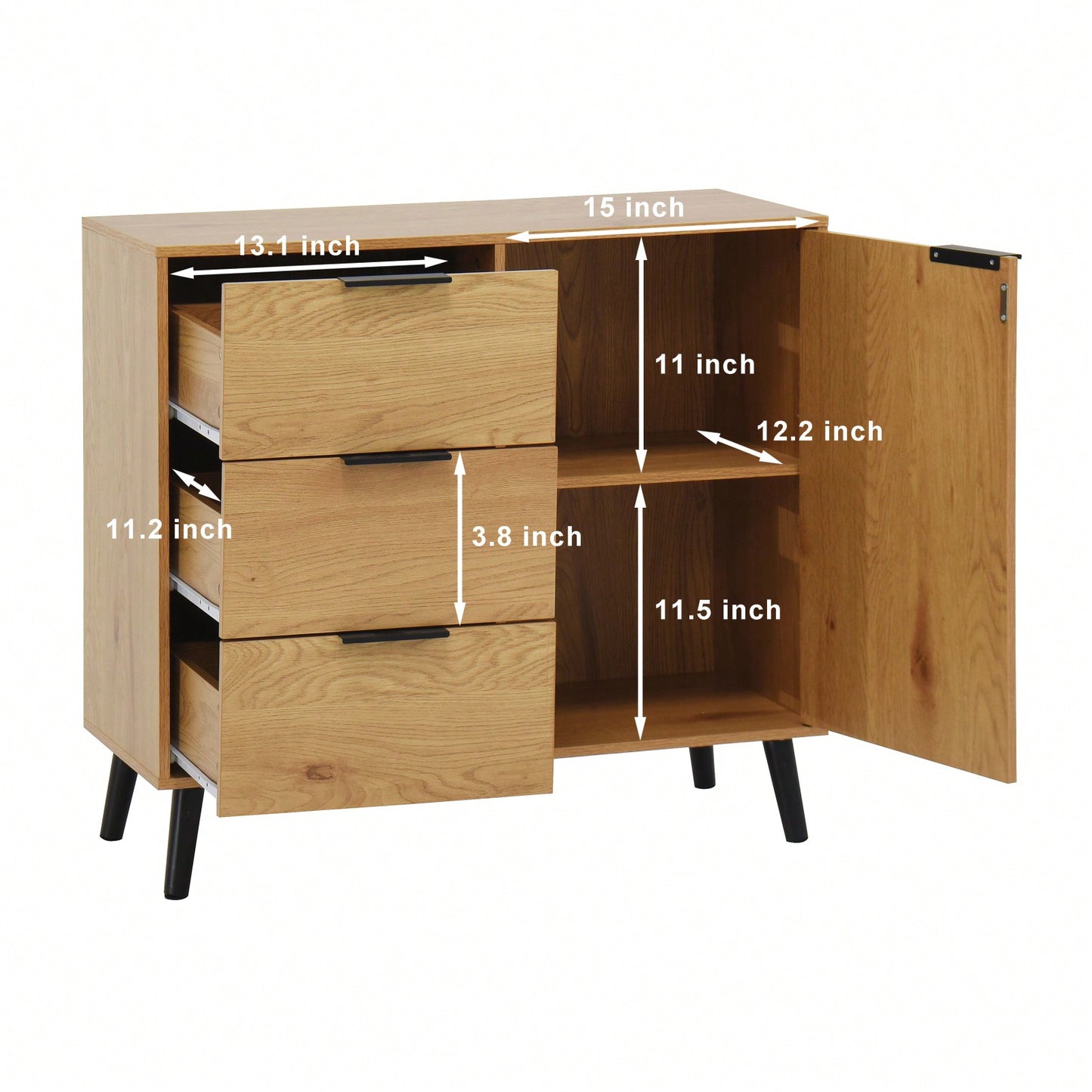 Storage Cabinet With 3 Drawers & Adjustable Shelf, Mid Century Cabinet With Door, Accent Cabinet For Living Room, Home Office, Entryway