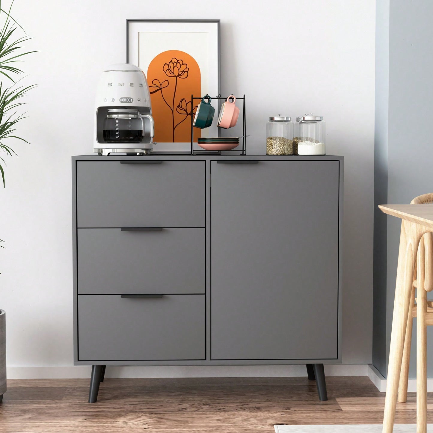 Storage Cabinet With 3 Drawers & Adjustable Shelf, Mid Century Cabinet With Door, Accent Cabinet For Living Room, Home Office, Entryway