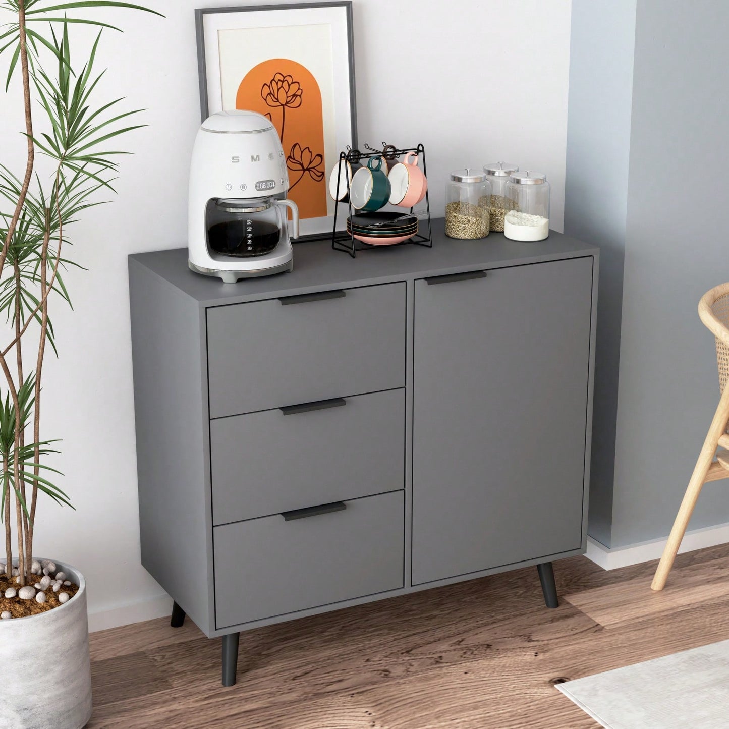 Storage Cabinet With 3 Drawers & Adjustable Shelf, Mid Century Cabinet With Door, Accent Cabinet For Living Room, Home Office, Entryway