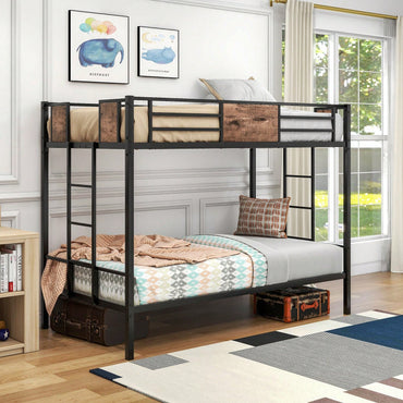 Heavy Duty Twin Over Twin Bunk Bed with Safety Rail and Ladder Space Saving Design for Kids Teens and Adults Black Metal Frame