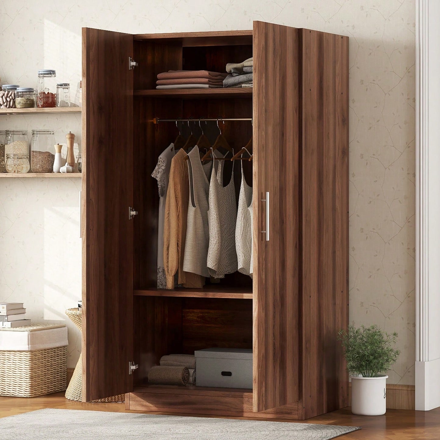 3-Shelf Wooden Wardrobe With Hanging Rod