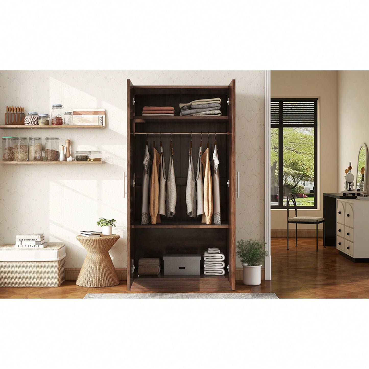 3-Shelf Wooden Wardrobe With Hanging Rod