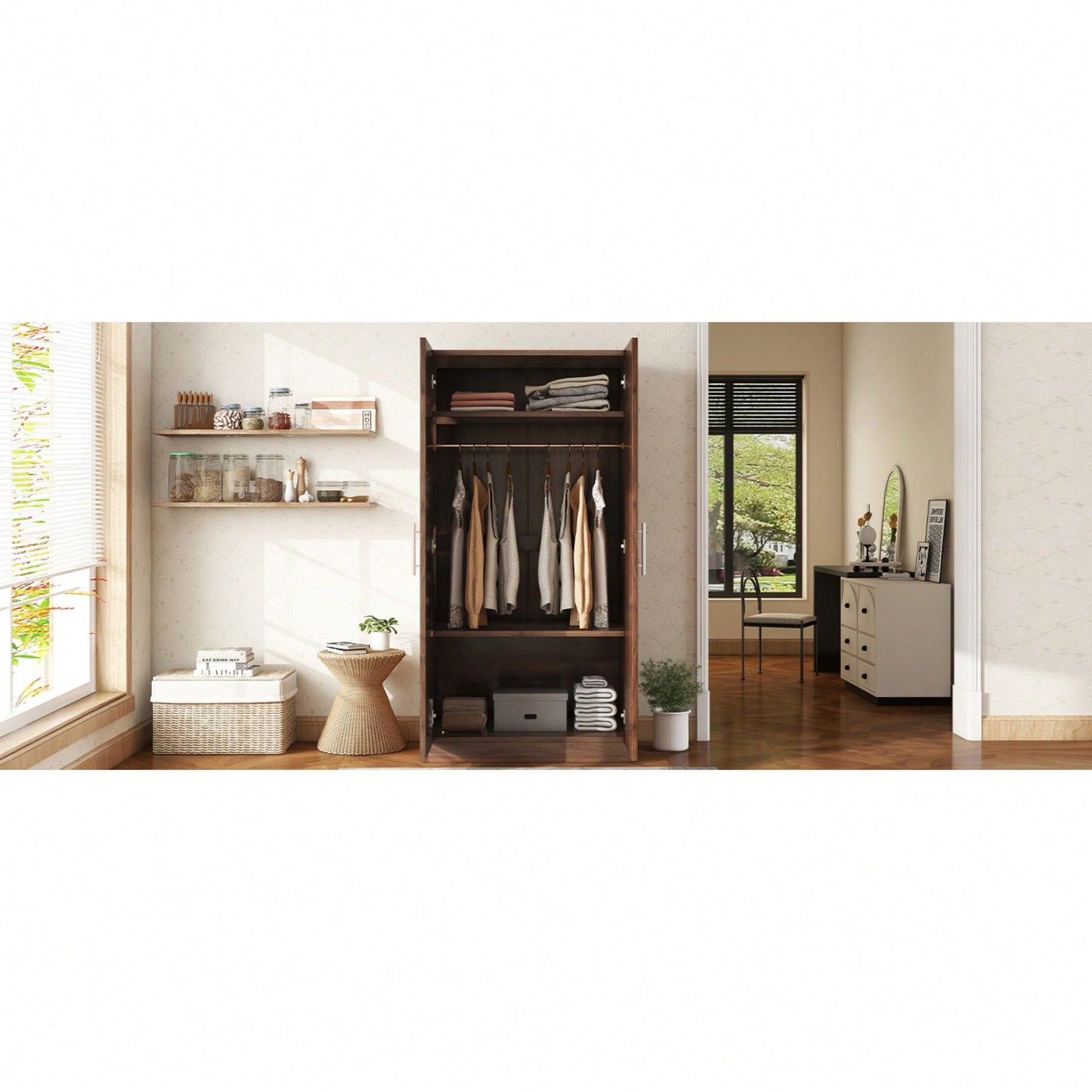 3-Shelf Wooden Wardrobe With Hanging Rod