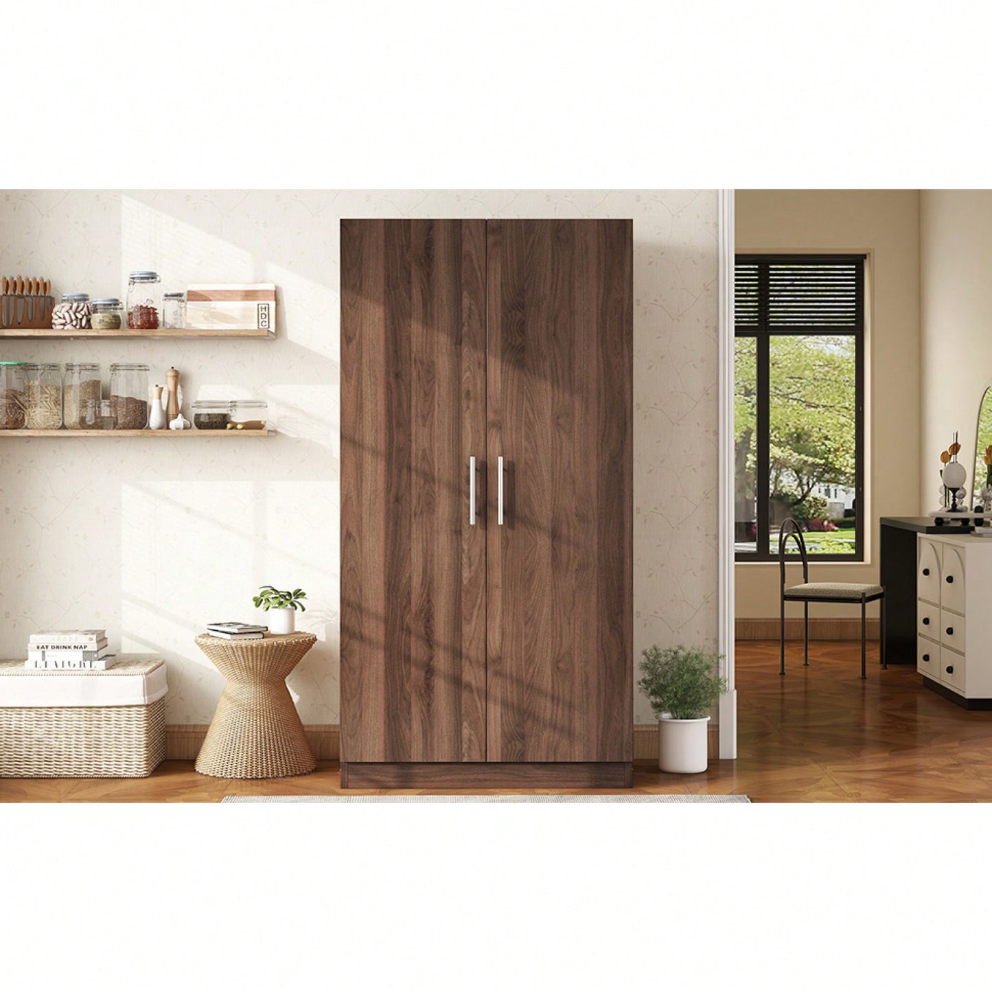 3-Shelf Wooden Wardrobe With Hanging Rod
