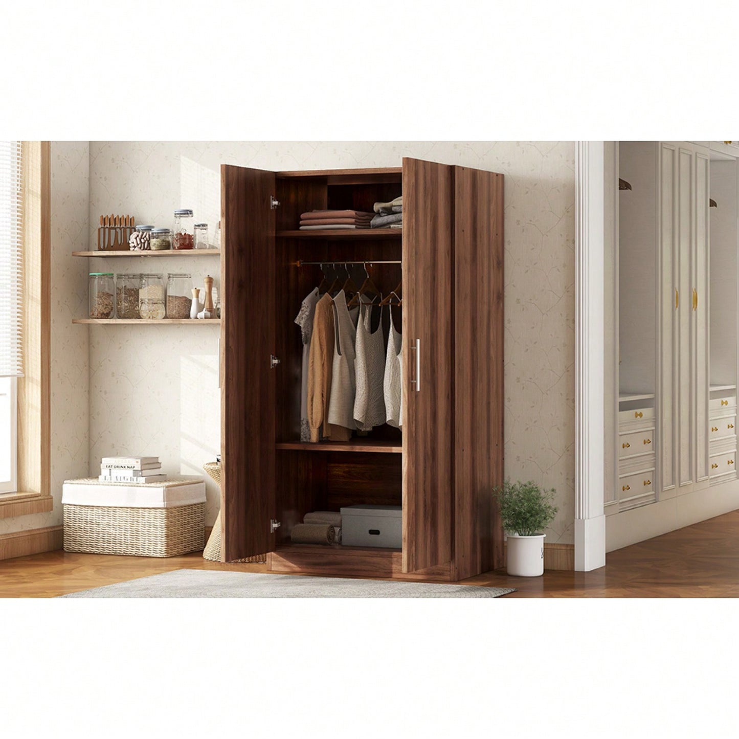 3-Shelf Wooden Wardrobe With Hanging Rod