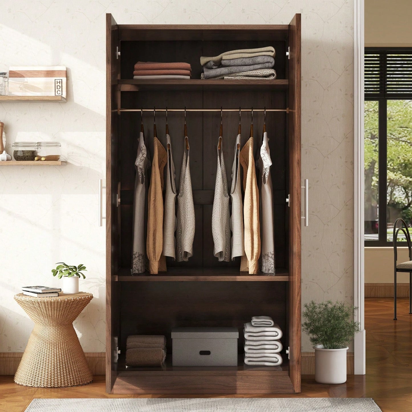 3-Shelf Wooden Wardrobe With Hanging Rod